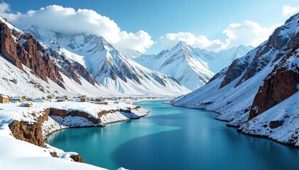 Snowy mountains and rivers surrounding Gyantse Fort, snow, mountains, river