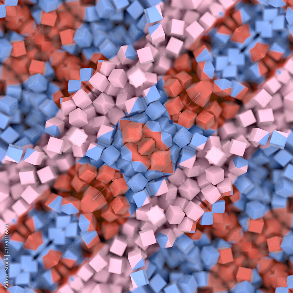 Poster Digital illustration of a three-dimensional pattern consisting of many small cubes in shades of blue, pink and red. Symmetrical composition. 3d rendering