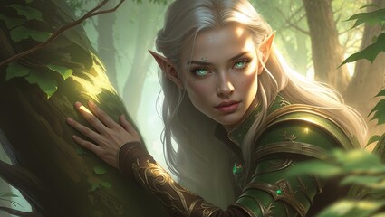 Powerful Warrior Elf with Horns and Glowing Eyes in an Enchanted Forest, Wearing Golden Armor and Surrounded by Fire Sparks, Depicting a Fierce and Mystical Fantasy Scene