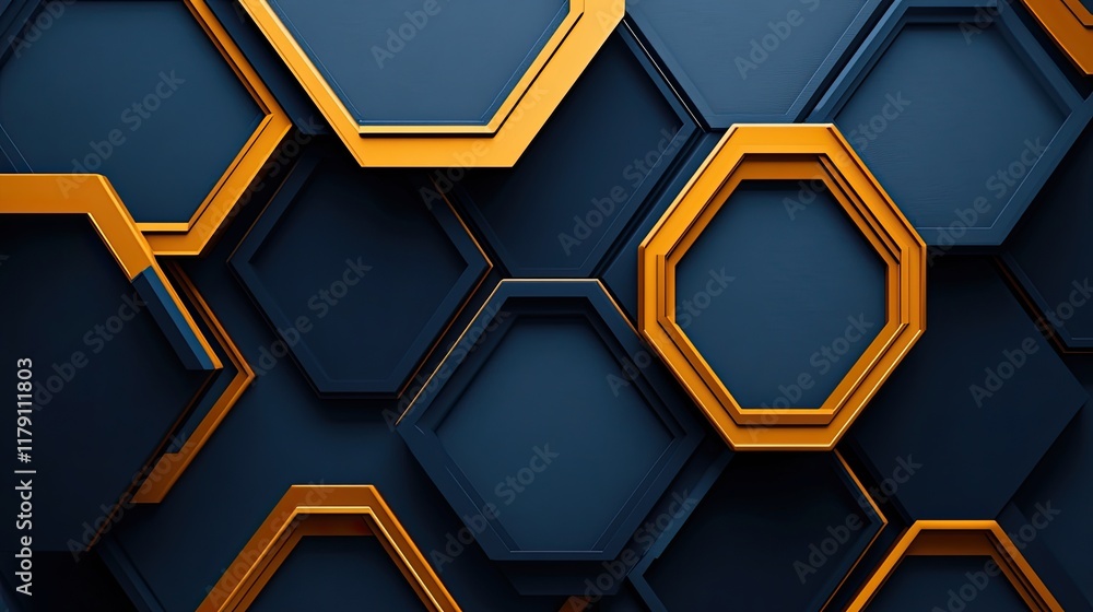 Poster geometric hexagonal patterns in dark blue and orange hues create a striking modern design