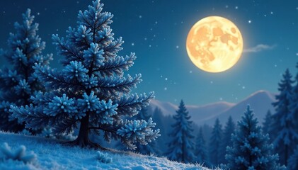 Fototapeta premium Frosty pine branches stretched towards the sky in moonlit serenity, tree, icy