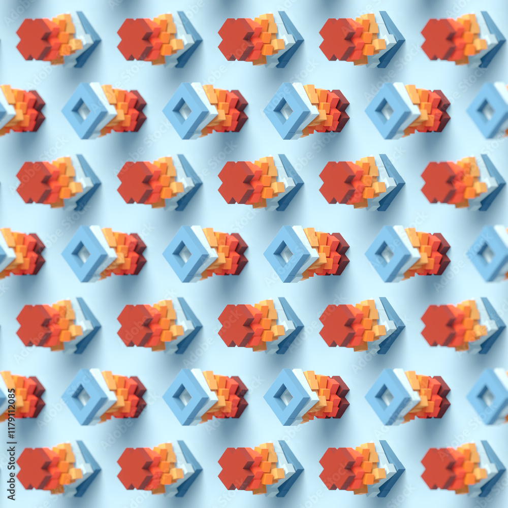 Fototapete Abstract colorful composition of vertical figures transforming into a sequence of crosses and empty squares. Orange and blue tones enhance the sense of brevity and visual rigor. 3d rendering