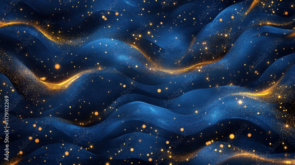 Poster digital abstract wave background in blue with golden particles. high-tech, futuristic design featuri