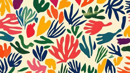 Vibrant abstract floral pattern with colorful leaves and organic shapes on a cream background.
