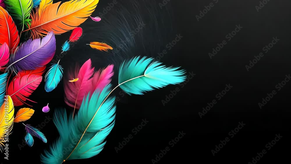 Poster colorful background with a lot of feathers. the feathers are in different colors and sizes. the back