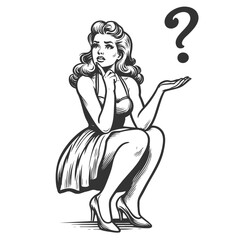 woman with dilemma confusion or uncertainty, question mark above her head sketch engraving generative ai fictional character vector illustration. Scratch board imitation. Black and white image.