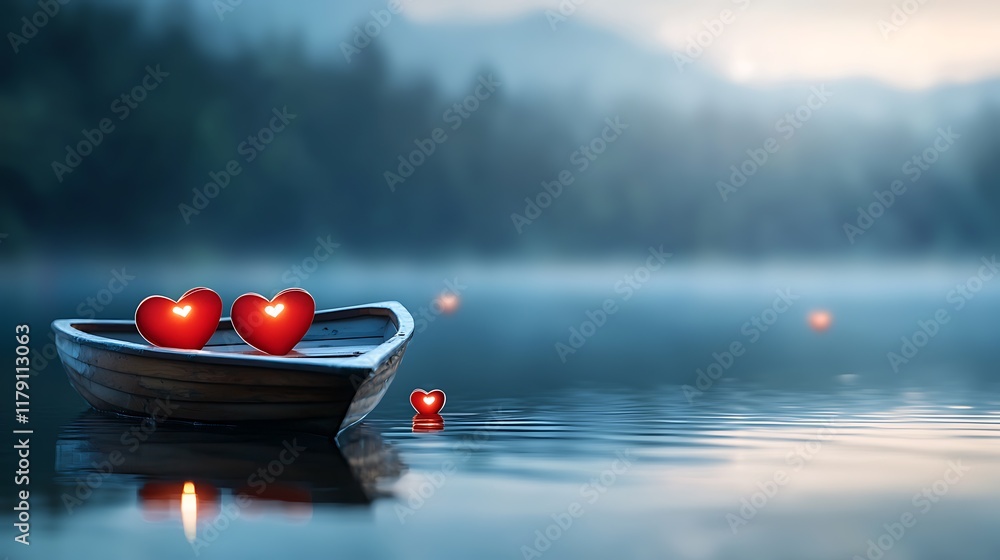Aufkleber a serene and romantic boat ride on a tranquil lake with heart shaped lanterns glowing softly at dusk