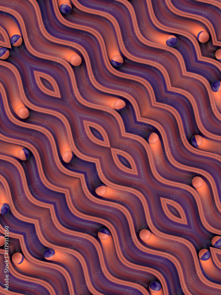 Poster colorful symmetrical pattern with small balls on wavy surface with trendy purple-orange gradient. 3d