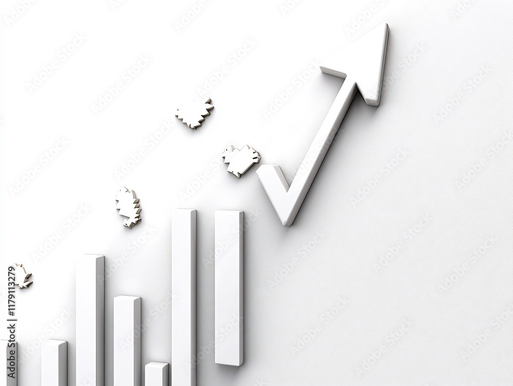 Poster simplistic white background showcasing a market chart with an ascending arrow representing a success