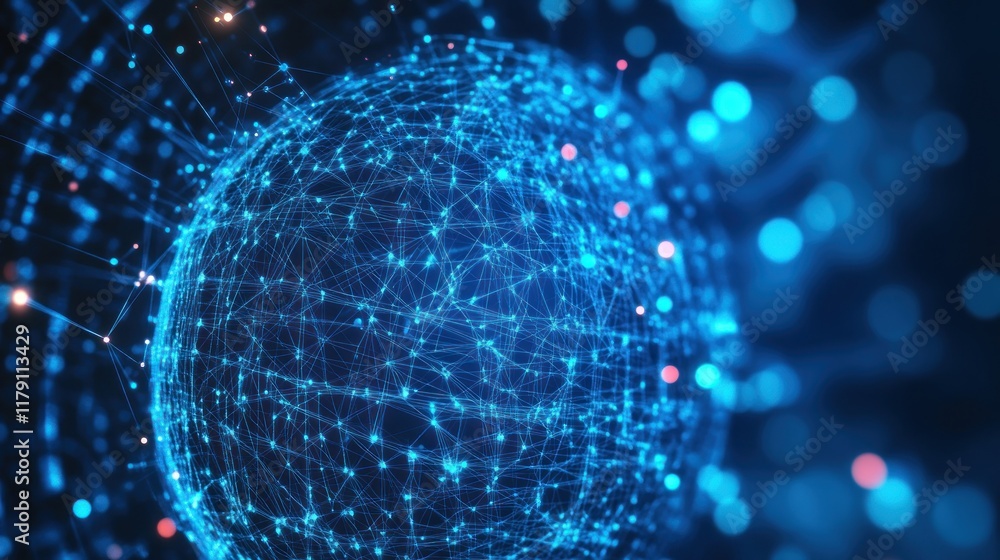 Poster abstract glowing blue sphere with connected lines and nodes, representing global network or futurist