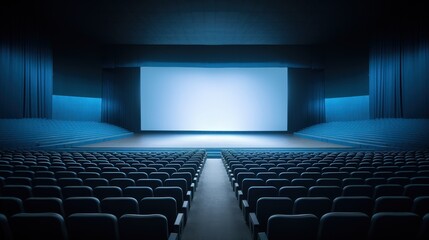 Fototapeta premium Empty Theater Setup with Multiple Rows of Seats and a Blank Screen Ready for Event Presentation or Movie Viewing Experience