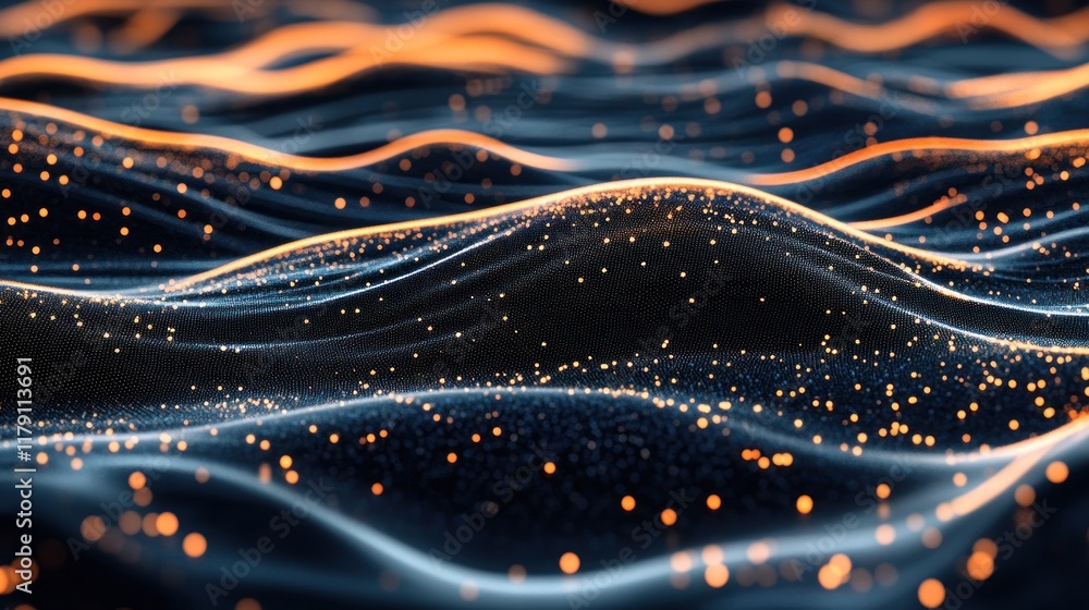 Poster abstract dark wave background with glowing particles. (1)