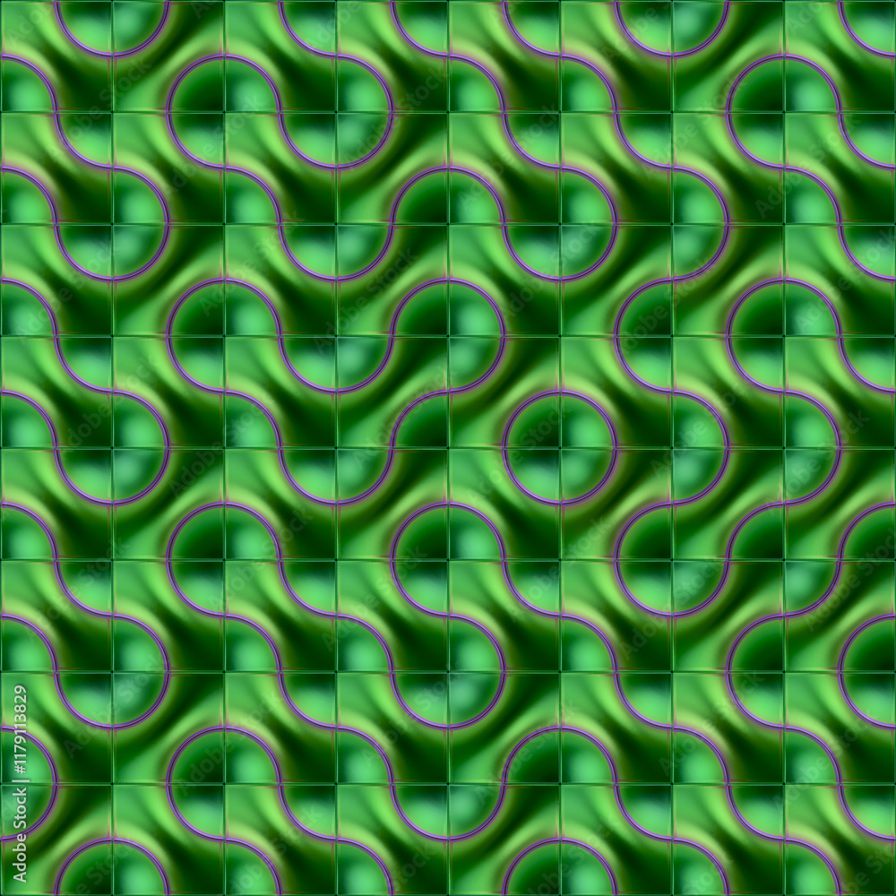 Poster Modern pattern in green color palette consisting of tiles with wavy lines and circles. Trendy template for posters and promotional items. 3d rendering