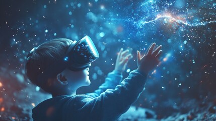 Boy wearing VR headset interacts with futuristic digital holographic projection.