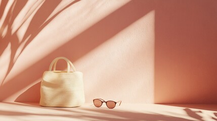 Beige tote bag and sunglasses on pink background with shadows.
