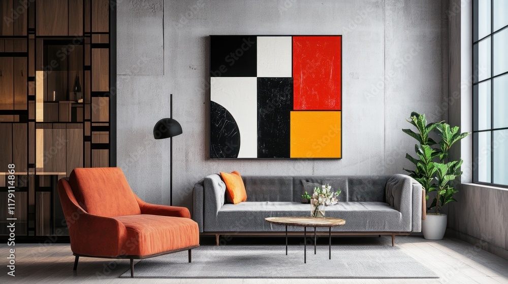 Poster a bold abstract piece featuring sharp geometric lines and vibrant color blocks, adding energy to a m