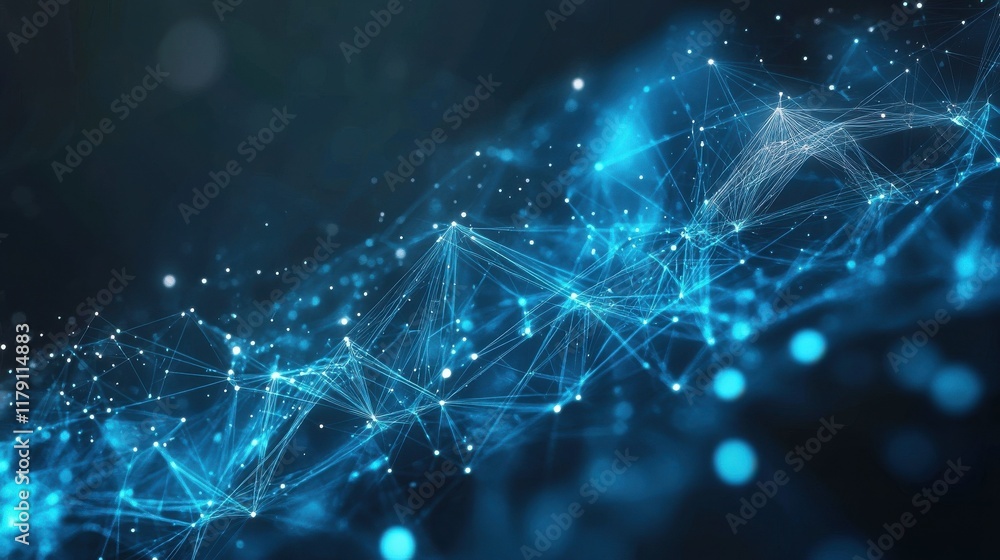Poster a digital abstract background featuring a geometric pattern of glowing blue and white lines on a dar
