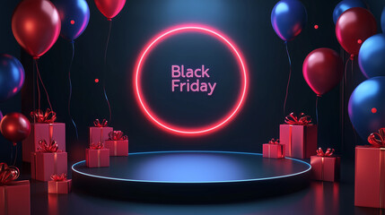 Black Friday Neon Display with Balloons and Gift Boxes