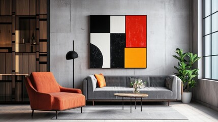 A bold abstract piece featuring sharp geometric lines and vibrant color blocks, adding energy to a modern room