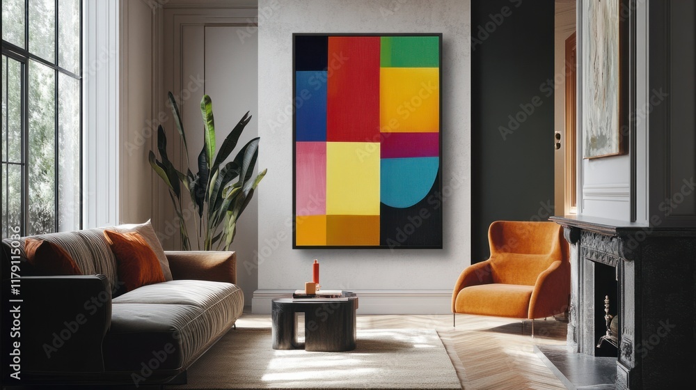 Poster a bold abstract piece featuring sharp geometric lines and vibrant color blocks, adding energy to a m