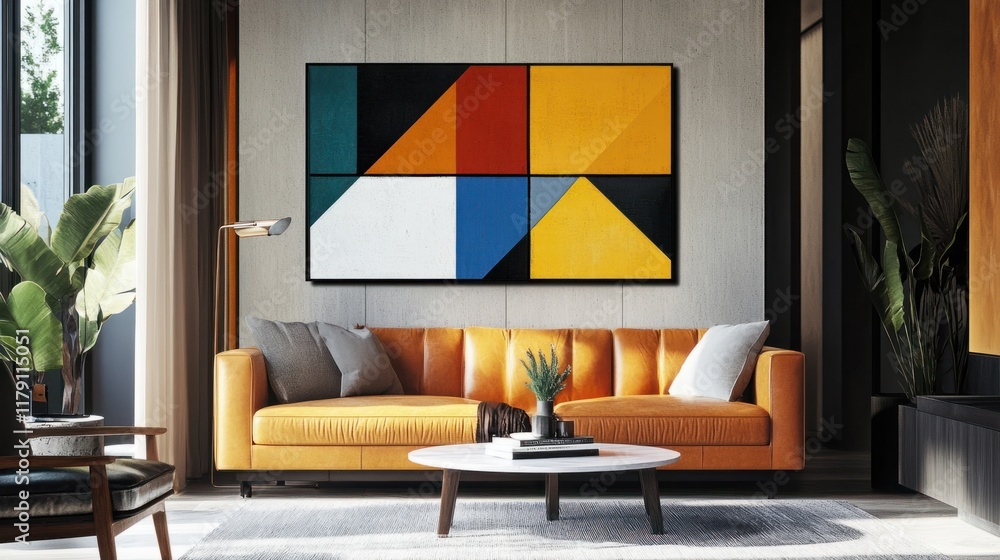 Aufkleber a bold abstract piece featuring sharp geometric lines and vibrant color blocks, adding energy to a m