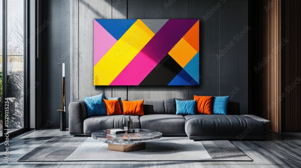Poster a bold contemporary canvas with sharp diagonal patterns in vibrant hues, designed for modern and edg