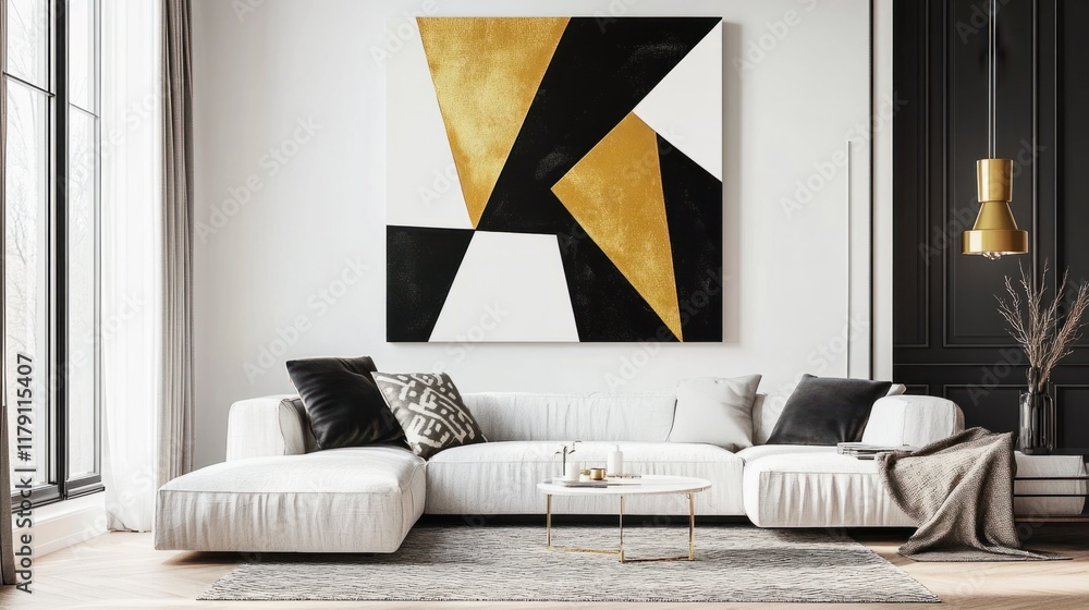 Poster a bold and dynamic canvas with sharp, angular patterns in black, white, and gold for a modern and ed
