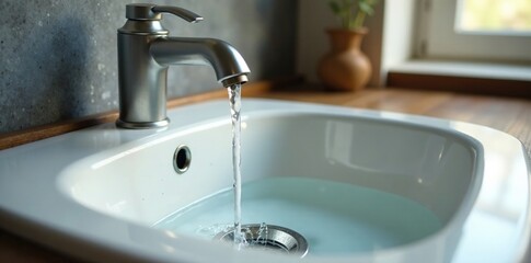 Water drips slowly from a faucet into a curved sink drain, ceramic, porcelain
