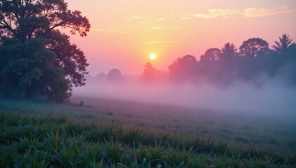 Obraz premium Water droplets suspended in the air during morning fog, aerosol, meterology