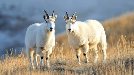 Obraz premium Two mountain goats standing in a grassy field, looking towards the camera.