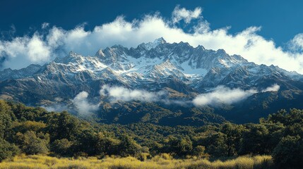 Fototapeta premium Majestic snow-capped mountains rise above lush greenery and clouds under a clear blue sky.
