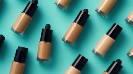 Obraz premium A close-up of foundation bottles and applicators on a teal background