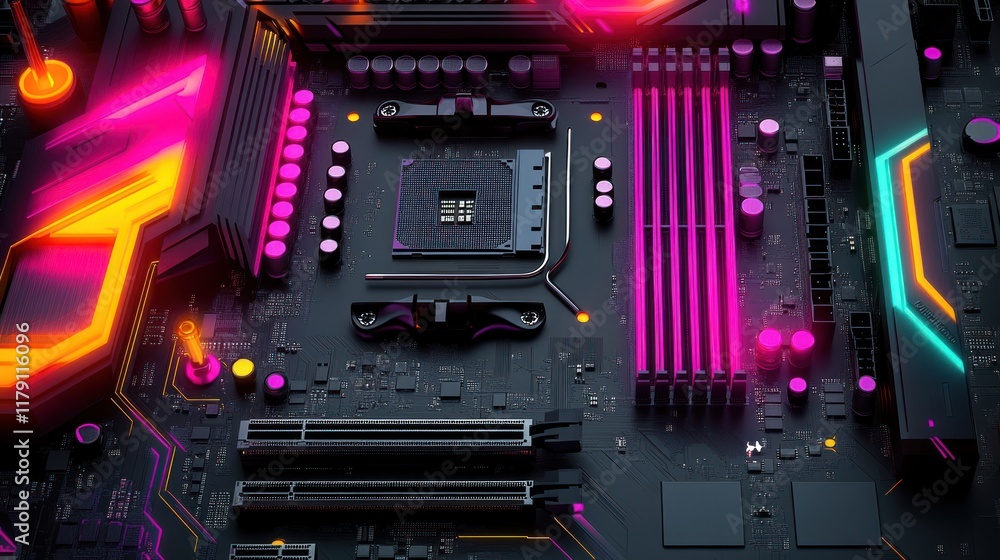 Poster close-up of a vibrant, illuminated computer motherboard with neon accents, showcasing its intricate 