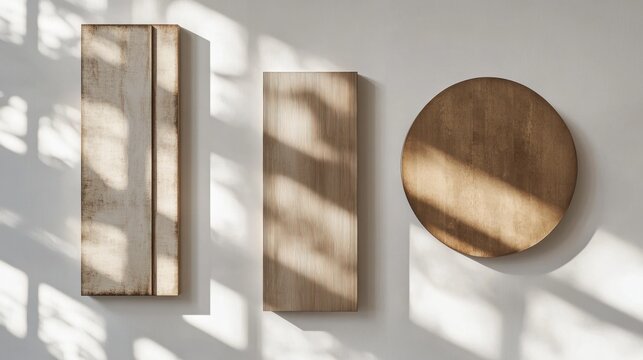 Abstract wooden wall art with geometric shapes creating elegant shadows in natural light - Powered by Adobe