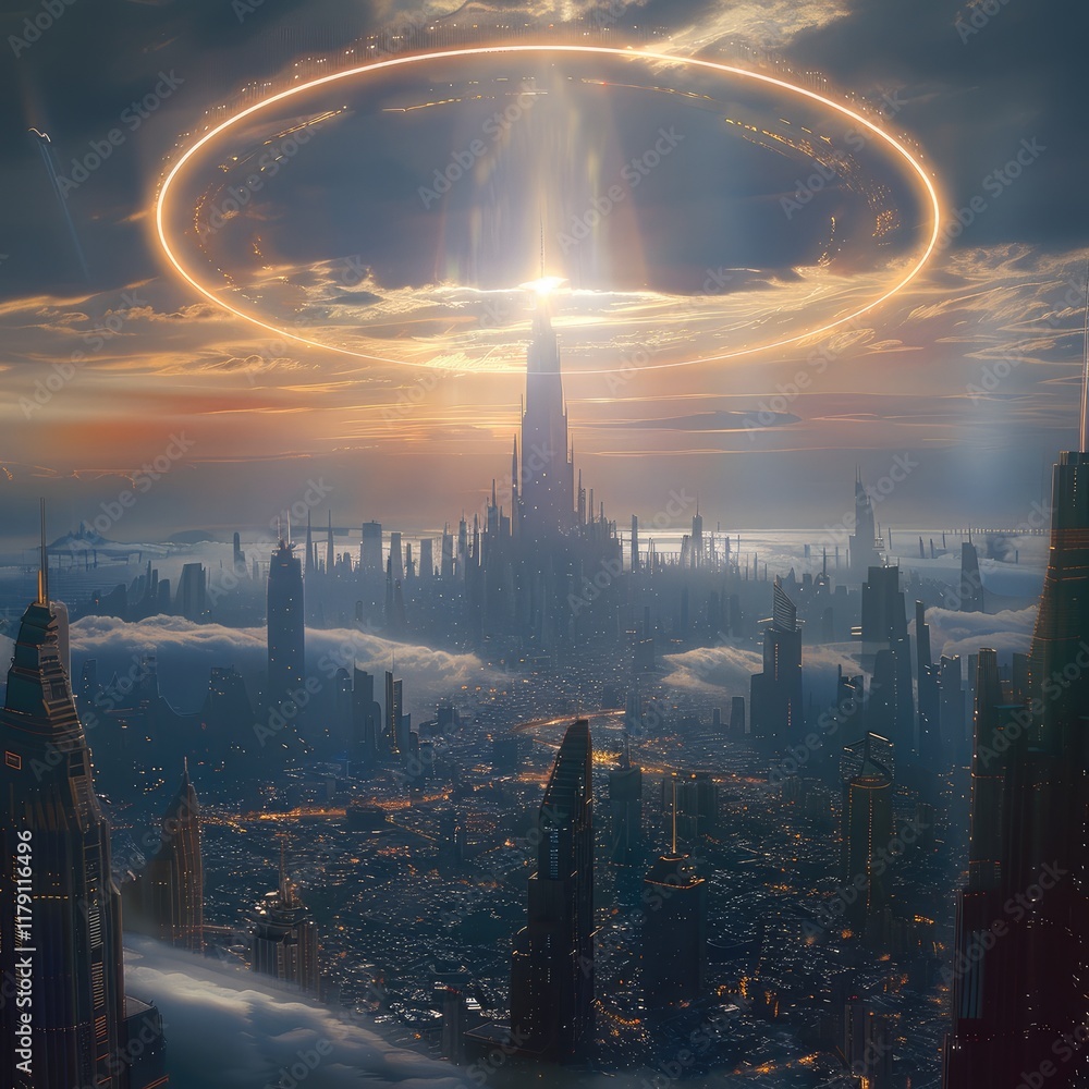 Poster the megalopolis is very large with towering skyscrapers spanning the entire horizon. in the sky is a