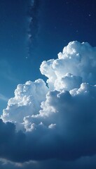 A vast and endless night sky filled with fluffy puffy clouds against a light grey dark background, serene, cloudy, soft