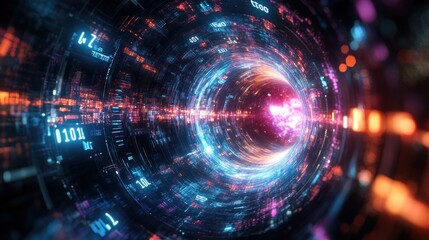 Obraz premium Abstract digital tunnel with glowing data streams and swirling light effects.