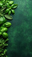 Fresh herbs assortment with deep green background and ample space for text