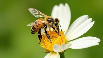 Bee on white flower collecting nectar with mites, parasites, mites, yellow