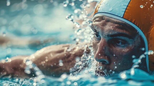 Close-up of focused man, water polo player in cap during a match, swimming in pool with speed and strength. Water droplets adding dynamic energy