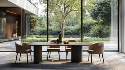 Obraz premium editorial image, branded residence living room design, minimalistic, airy atmosphere, natural light, rectangular table with four chairs, limited budget options, ultra realistic image 4K, 