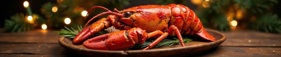 Holiday lights and garlands surrounding a whole roasted lobster on a wooden platter, wooden platter, dining, festive