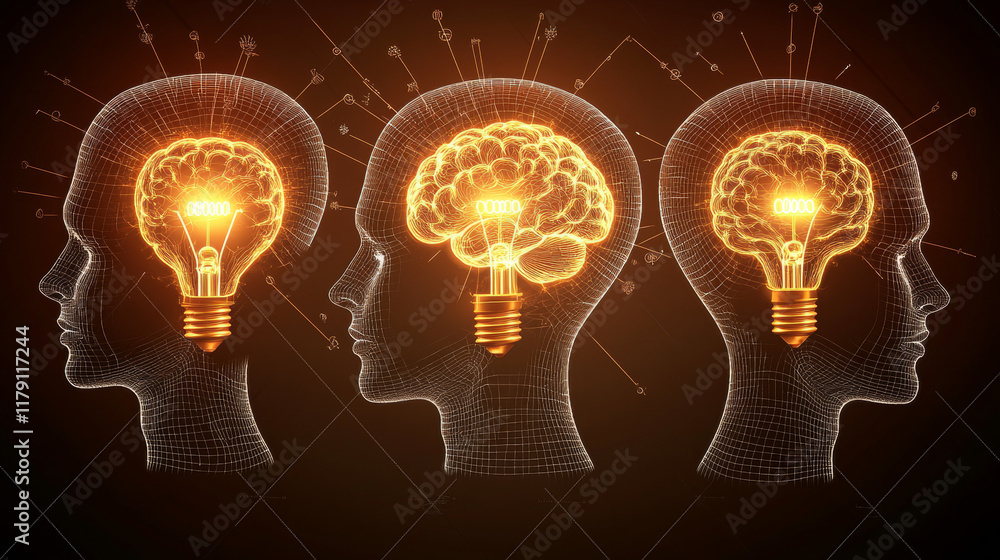 Poster neuro and tech brain, brainstorm and brain lab technology vector icons. human mind head in idea and 
