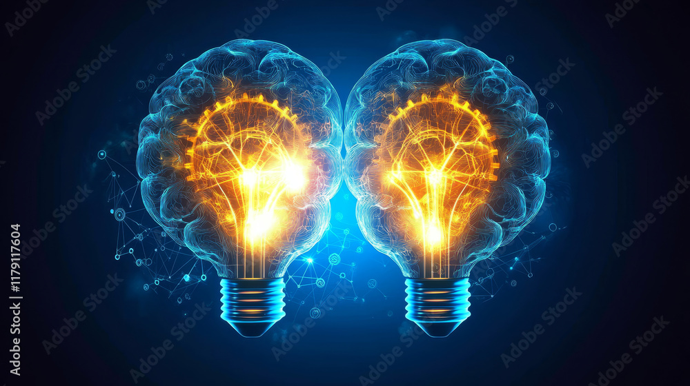 Poster neuro and tech brain, brainstorm and brain lab technology vector icons. human mind head in idea and 
