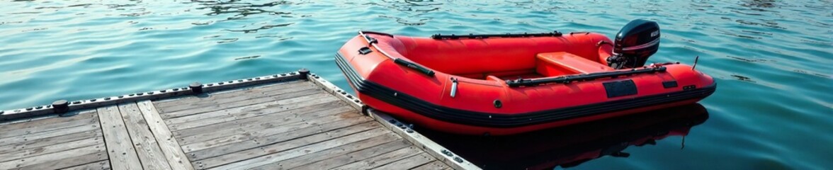 Red rigid inflatable boat stationary on grey boat dock, docks, red, rivets