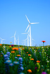 Wind Green energy forefront, flora and windmills, Wind Green energy strategy, Wind Green energy world, green power concept, studio photography, with white tones
