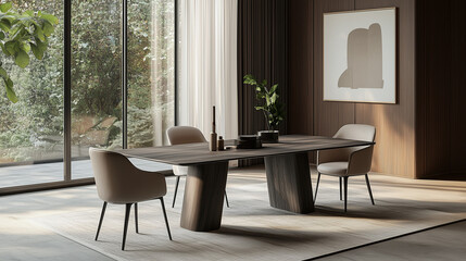 Fototapeta premium editorial image, branded residence living room design, minimalistic, airy atmosphere, natural light, rectangular table with four chairs, limited budget options, ultra realistic image 4K, 