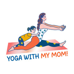 A flat sticker of child doing yoga with her mom 

