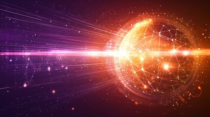 Obraz premium Abstract glowing sphere with network connections and light streaks, representing global network, digital data flow, or futuristic technology.