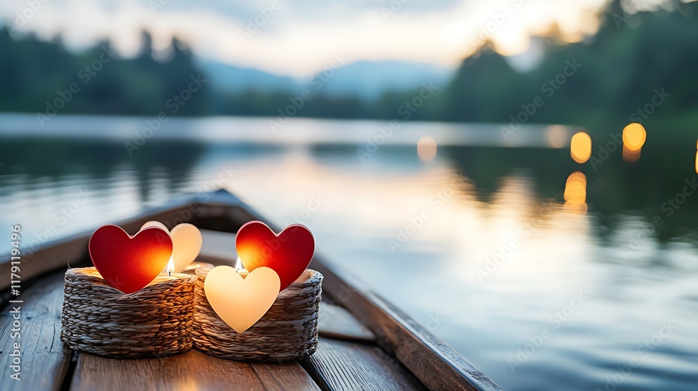 Poster romantic boat ride on a tranquil lake with heart shaped lanterns floating on the water creating a pe